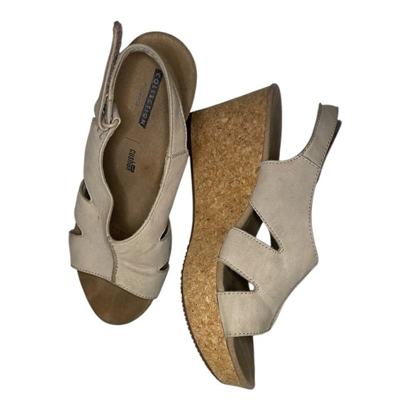 Clarks Collection Beige Soft Cushion Cork Wedge Open Toe Sandal Women's Size 8 - Picture 6 of 13